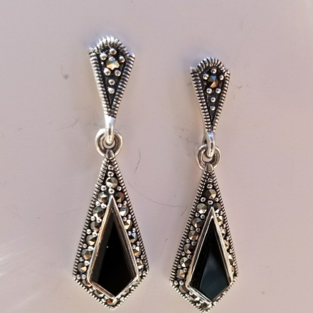 *SOLD* Sterling Silver Onyx Marcasite Earrings
